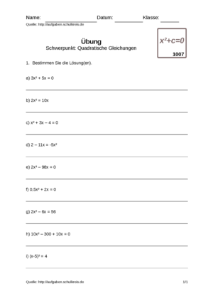 Übung Quadratische Gleichungen 