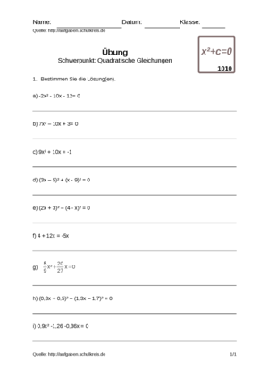 Übung Quadratische Gleichungen 