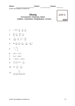 Multiplizieren Dividieren Addieren Subtrahieren Bruchrechnung Ubungsblatt 1014 Multiplizieren Dividieren Addieren Subtrahieren Bruchrechnung