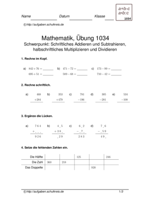 Übung 1034 - Multiplizieren | Dividieren | Addieren | Subtrahieren | 