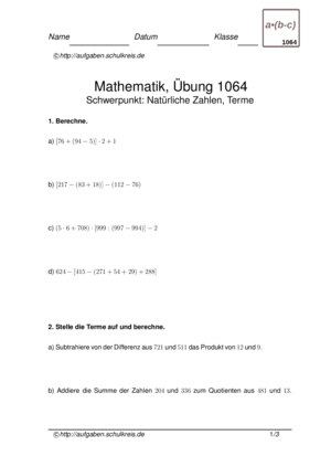 Übung 1064 - Multiplizieren | Dividieren | Terme | Natürliche Zahlen | Klammerrechnung | 