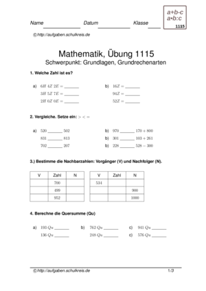 Klassenarbeiten Und Ubungsblatter Mathematik Grundschule Klasse 4 Kostenlos Zum Ausdrucken