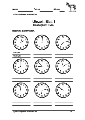 Uhrzeit-Übungsblätter kostenlos, Klasse 2,3,4